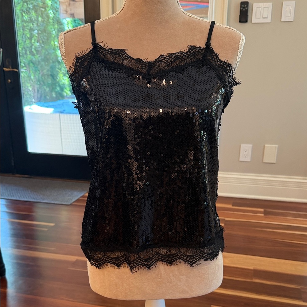 Black Sequin Lace Cami Tank Top - Women
